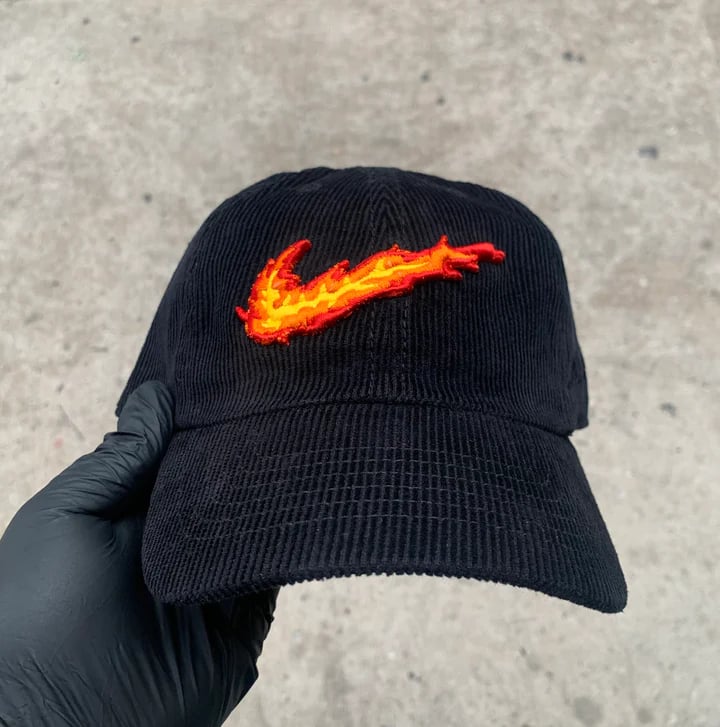 Image of Black Corduroy Fire Swoosh Dad Cap Hat