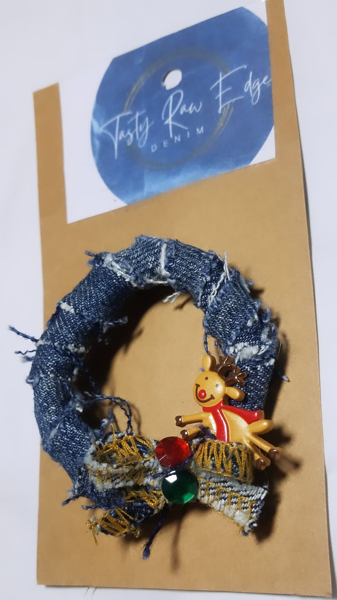 Image of Tasty Raw Edge Denim Wreath-N-Reindeer Pin