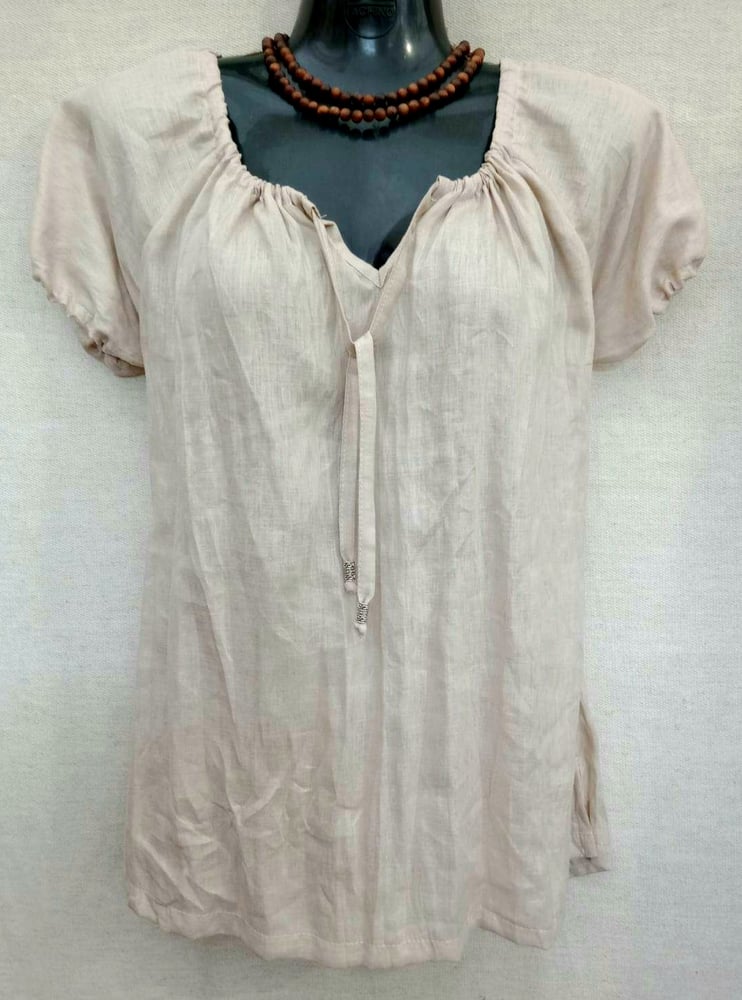 Image of Pure Linen Peasant Top - Natural (short sleeve)