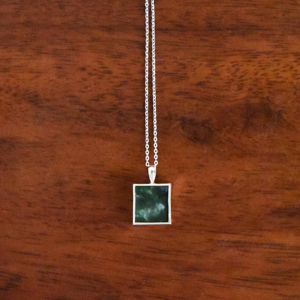 Image of Myanmar Green Jade flat rectangular cut silver necklace