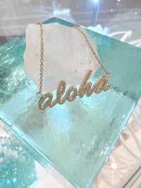 Image 2 of 14k solid gold diamond script aloha necklace 