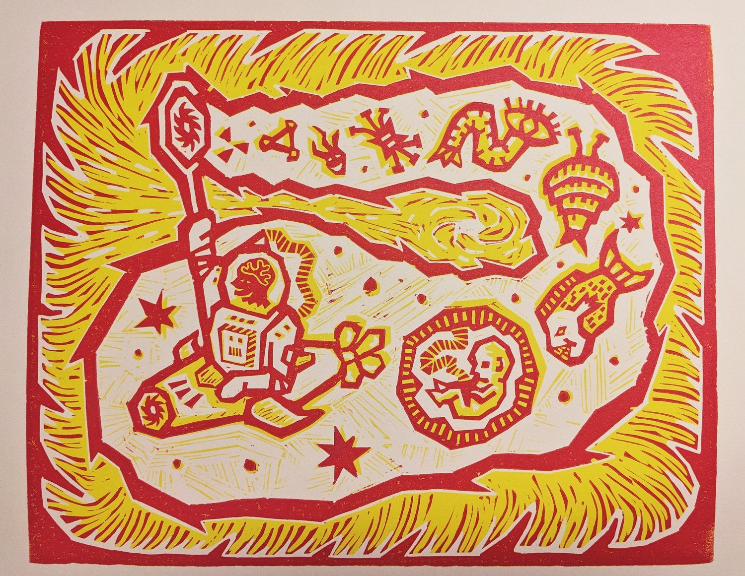 Reduction linocut #13 (red/yellow)