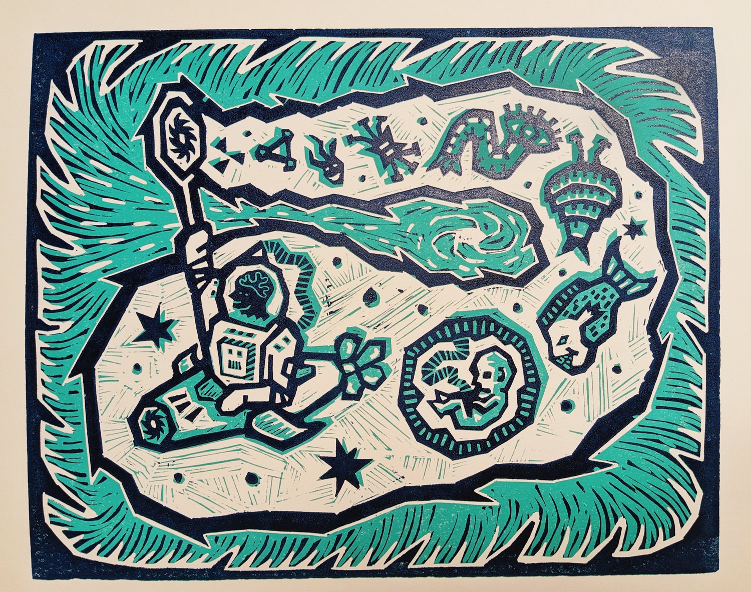 Reduction linocut #13 (teal/dark blue)