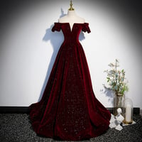 Image 1 of Wine Red Off Shoulder Velvet Long Formal Dress, A-line Velvet Wedding Party Dress
