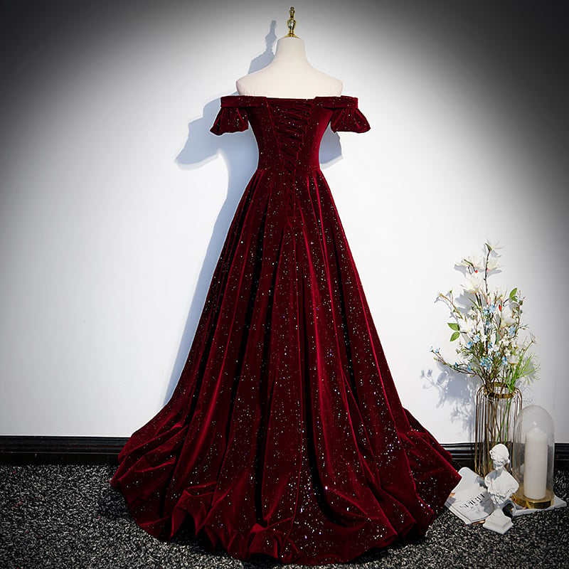 Wine Red Off Shoulder Velvet Long Formal Dress, A-line Velvet Wedding Party Dress