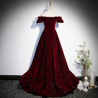 Image 4 of Wine Red Off Shoulder Velvet Long Formal Dress, A-line Velvet Wedding Party Dress