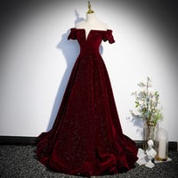 Image 2 of Wine Red Off Shoulder Velvet Long Formal Dress, A-line Velvet Wedding Party Dress