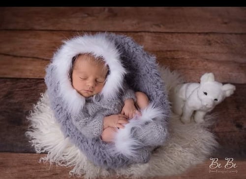 Image of Knitted eskimo romper, hooded romper, newborn/sitter size.