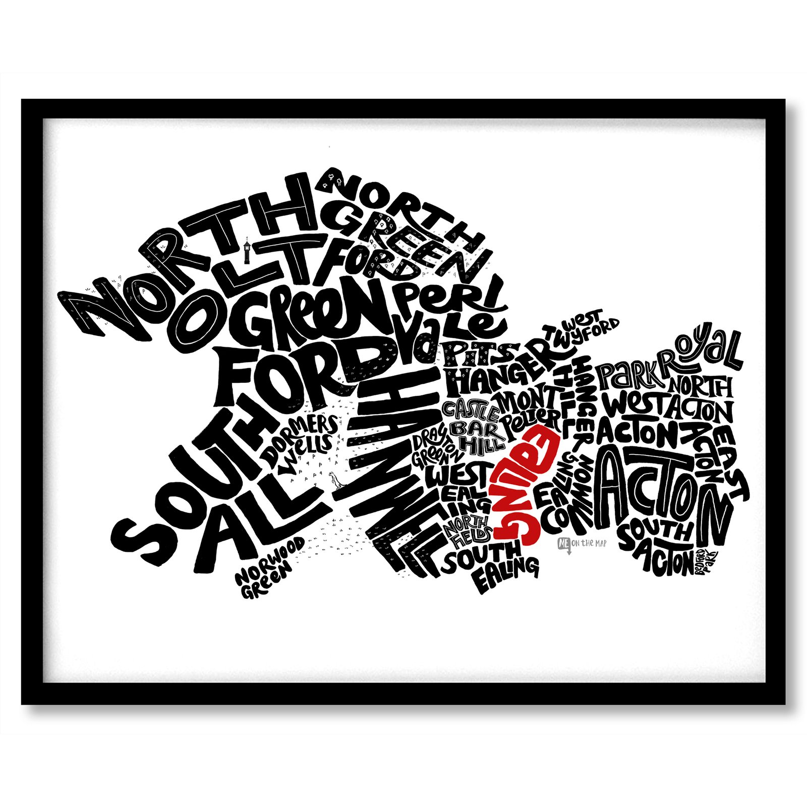 London Borough Of Ealing Typographic Map Me On The Map   MOTM Ealing Black Frame Insta 