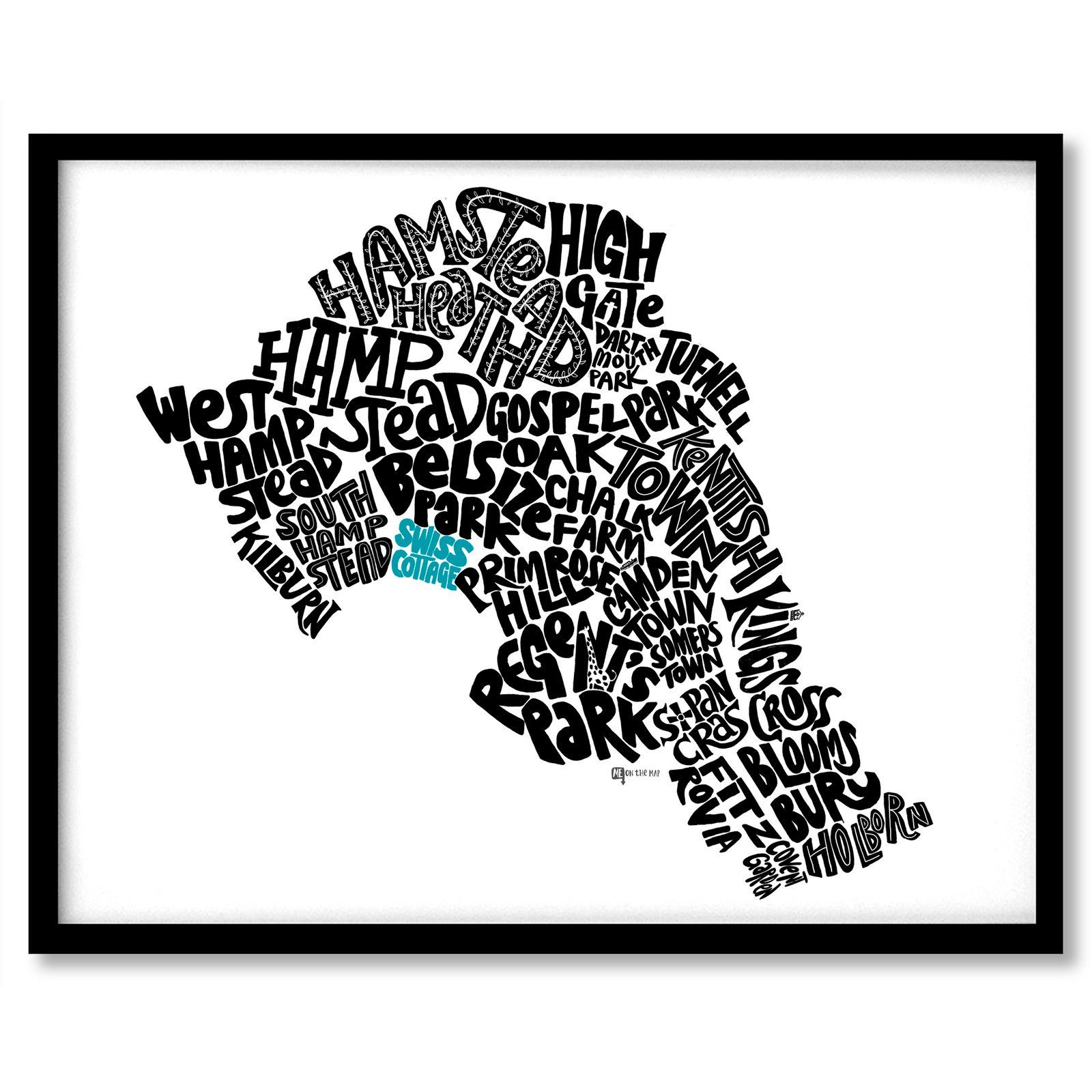 London Borough Of Camden Personalised Typographic Map Me On The Map   MOTM Camden Black Frame 