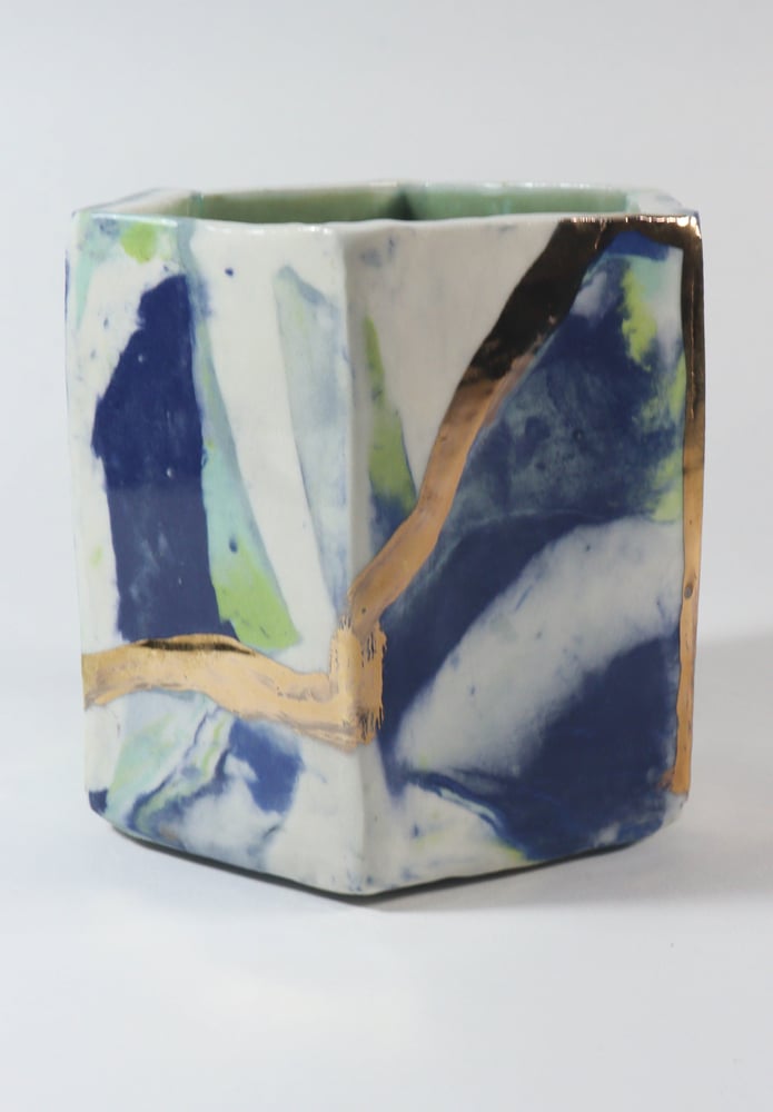 Image of Ceramic Blue and Gold Hexagonal Planter