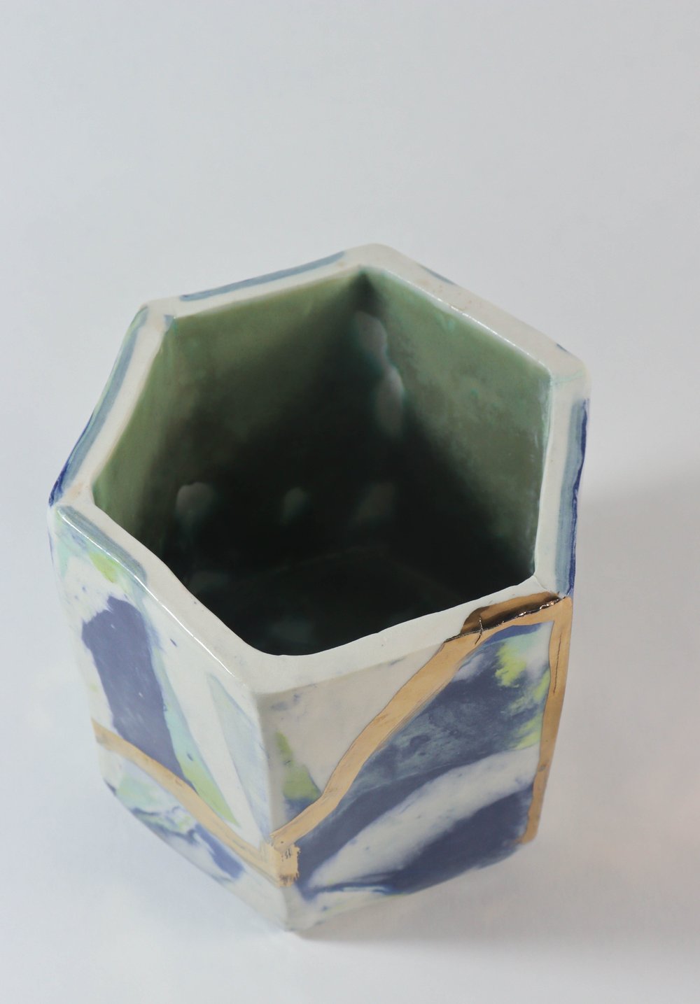 Image of Ceramic Blue and Gold Hexagonal Planter