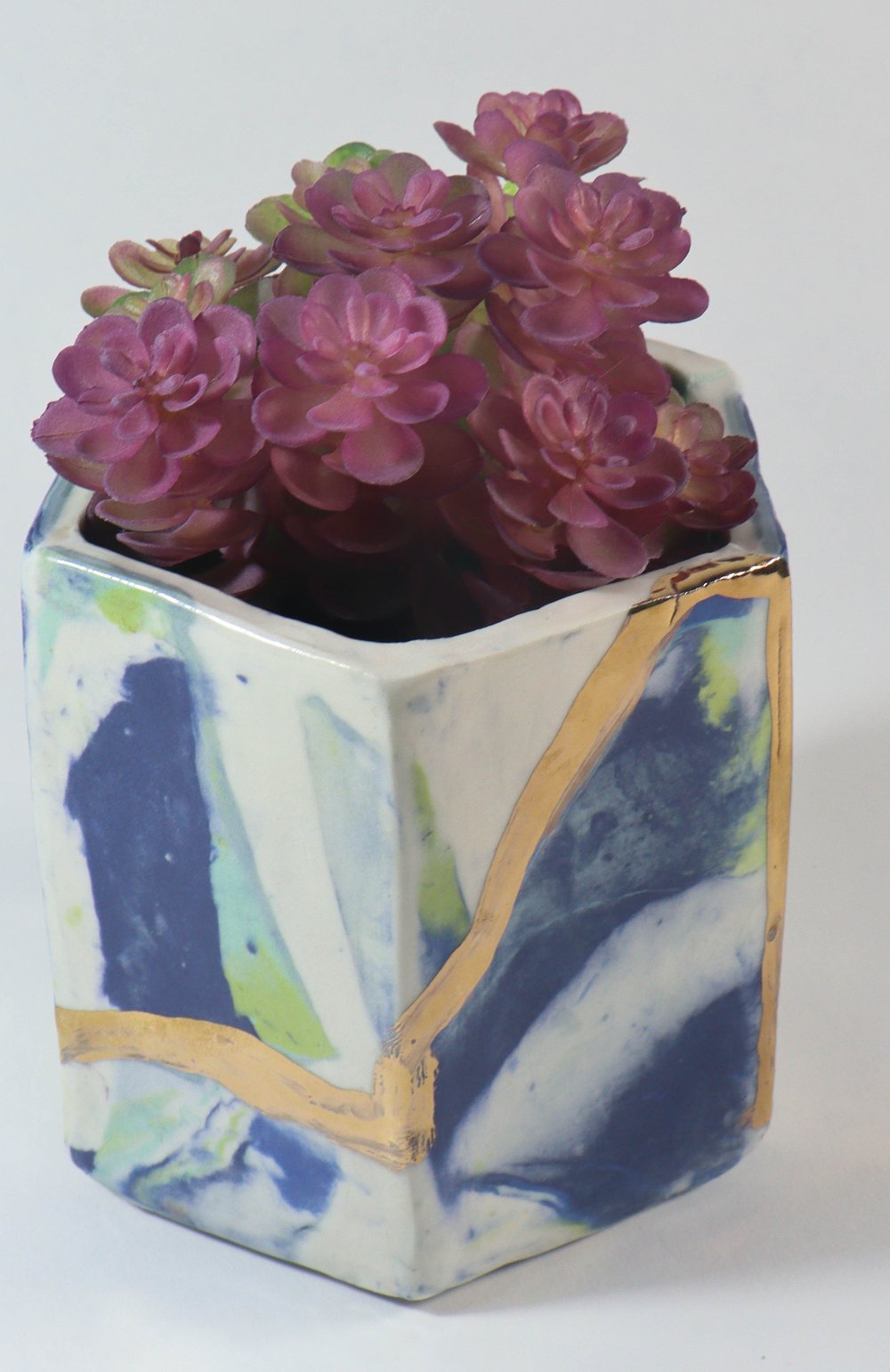 Image of Ceramic Blue and Gold Hexagonal Planter