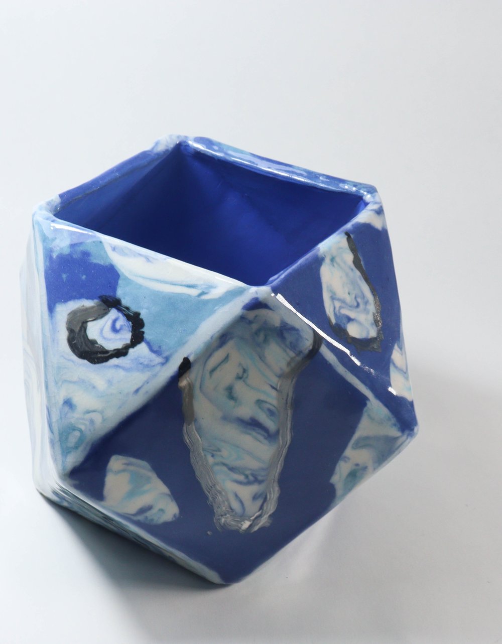 Image of Blue and White Gold Ceramic Geometric Planter