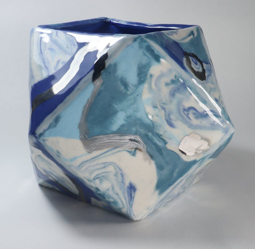 Image of Blue and White Gold Ceramic Geometric Planter