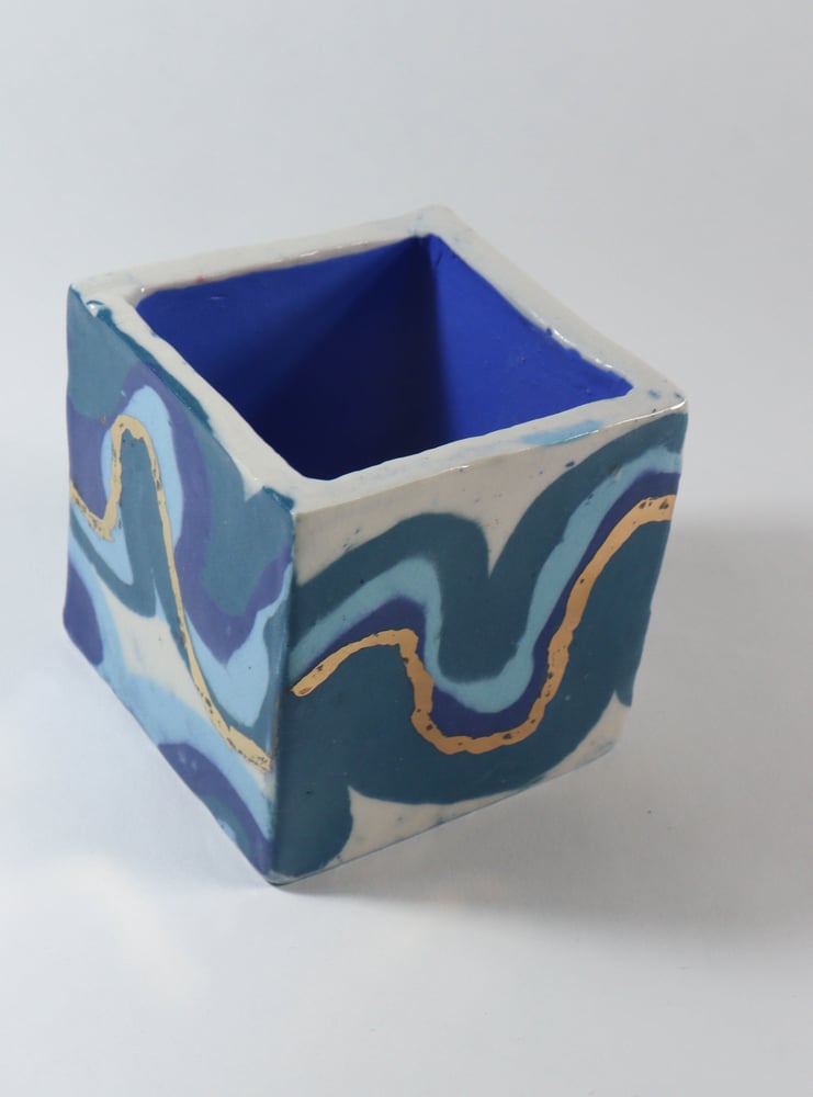 Image of Small Blue Cube Porcelain Planter