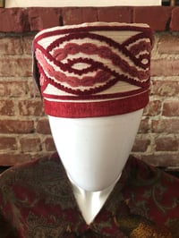 Image 1 of Dazo62 Custom Made Kufi Crown,Brick Red Velvet Linen With/Redish Velvet Embroidery Wrap Accent