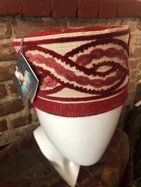 Image 4 of Dazo62 Custom Made Kufi Crown,Brick Red Velvet Linen With/Redish Velvet Embroidery Wrap Accent