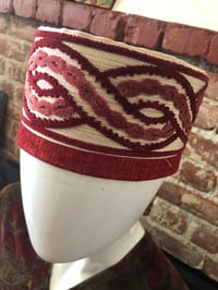 Image 2 of Dazo62 Custom Made Kufi Crown,Brick Red Velvet Linen With/Redish Velvet Embroidery Wrap Accent
