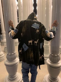 Image 5 of Jean Junky Premium, One Of a Kind Black Furry Hooded Kimono Jacket W/Denim Accent & Leather Tie-Up