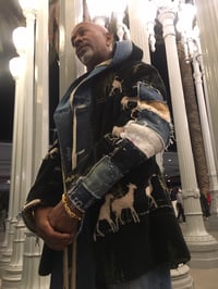 Image 1 of Jean Junky Premium, One Of a Kind Black Furry Hooded Kimono Jacket W/Denim Accent & Leather Tie-Up