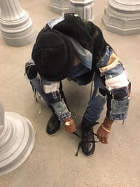 Image 4 of Jean Junky Premium, One Of a Kind Black Furry Hooded Kimono Jacket W/Denim Accent & Leather Tie-Up