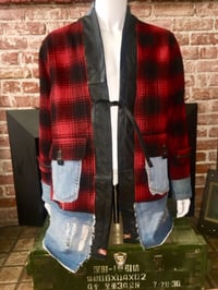Image 2 of Jean Junky Premium One Of A Kind Red Woolrich Wool Plaid Kimono W/Black Leather Trim & Denim Accent