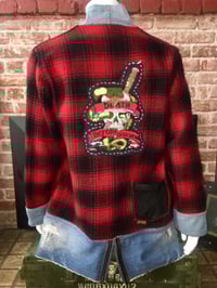 Image 3 of Jean Junky Premium One Of A Kind Red Woolrich Wool Plaid Kimono W/Black Leather Trim & Denim Accent