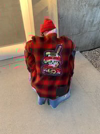 Image 5 of Jean Junky Premium One Of A Kind Red Woolrich Wool Plaid Kimono W/Black Leather Trim & Denim Accent