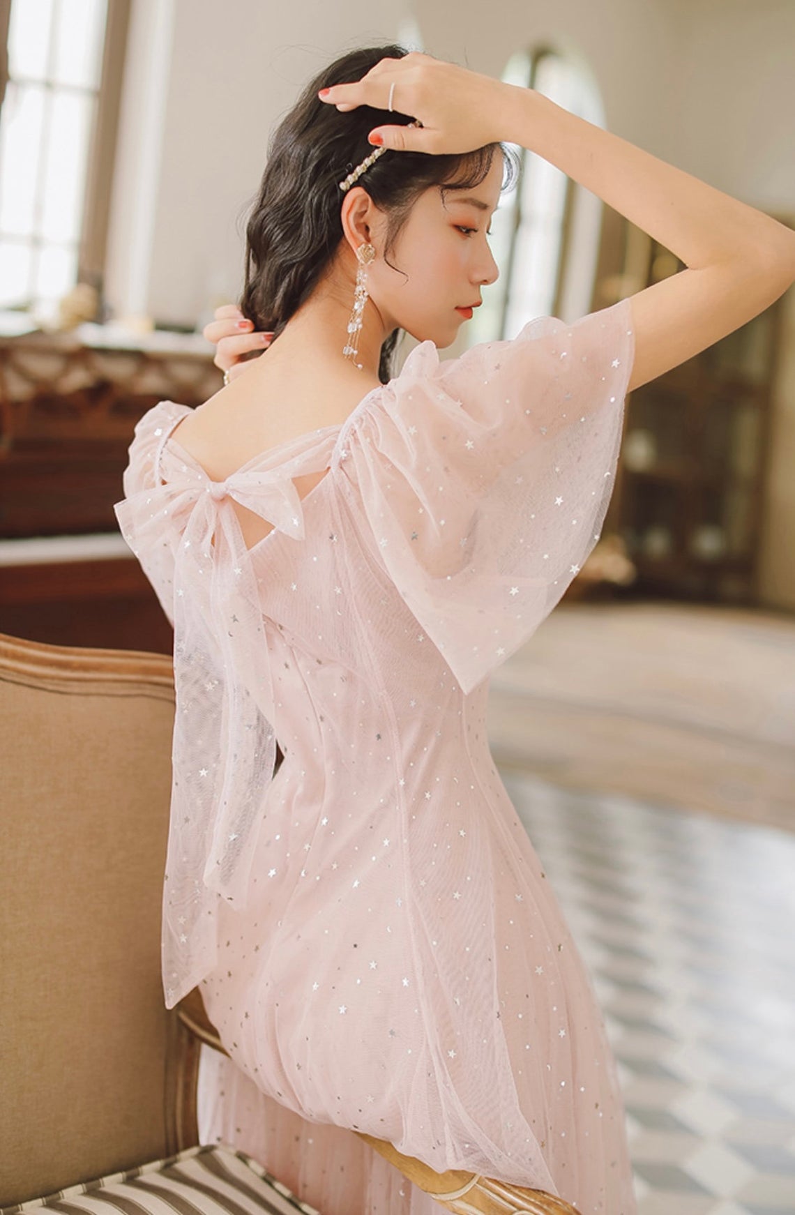 Pink Tulle V-neckline Tea Length Party Dress, Pink Tulle Short Prom Dress