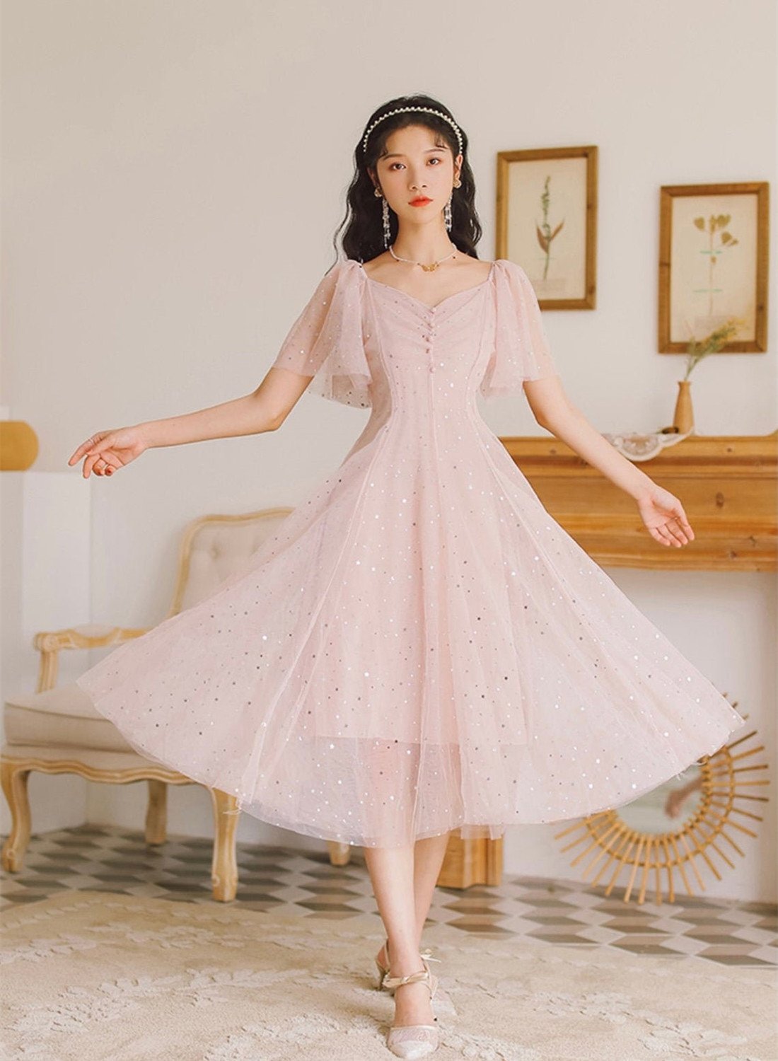 Pink Tulle V-neckline Tea Length Party Dress, Pink Tulle Short Prom Dress