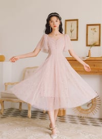 Image 1 of Pink Tulle V-neckline Tea Length Party Dress, Pink Tulle Short Prom Dress