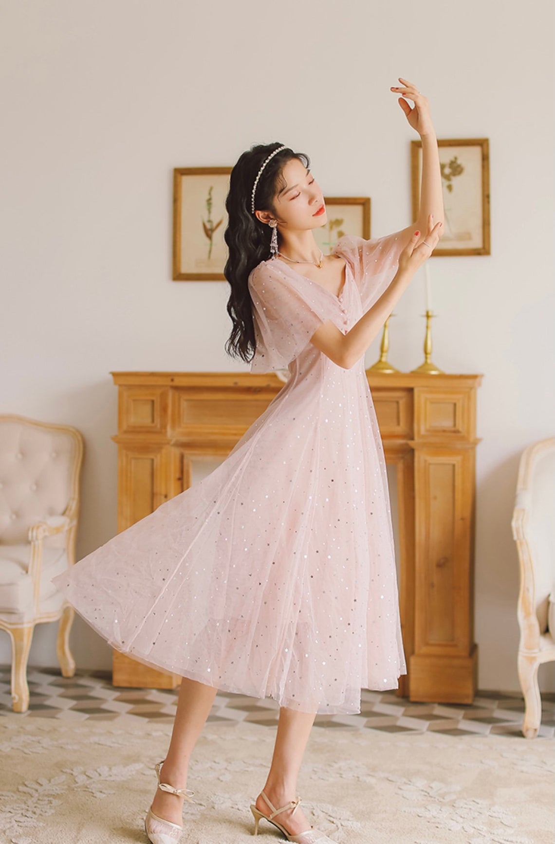 Pink Tulle V-neckline Tea Length Party Dress, Pink Tulle Short Prom Dress