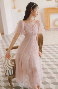 Image 3 of Pink Tulle V-neckline Tea Length Party Dress, Pink Tulle Short Prom Dress