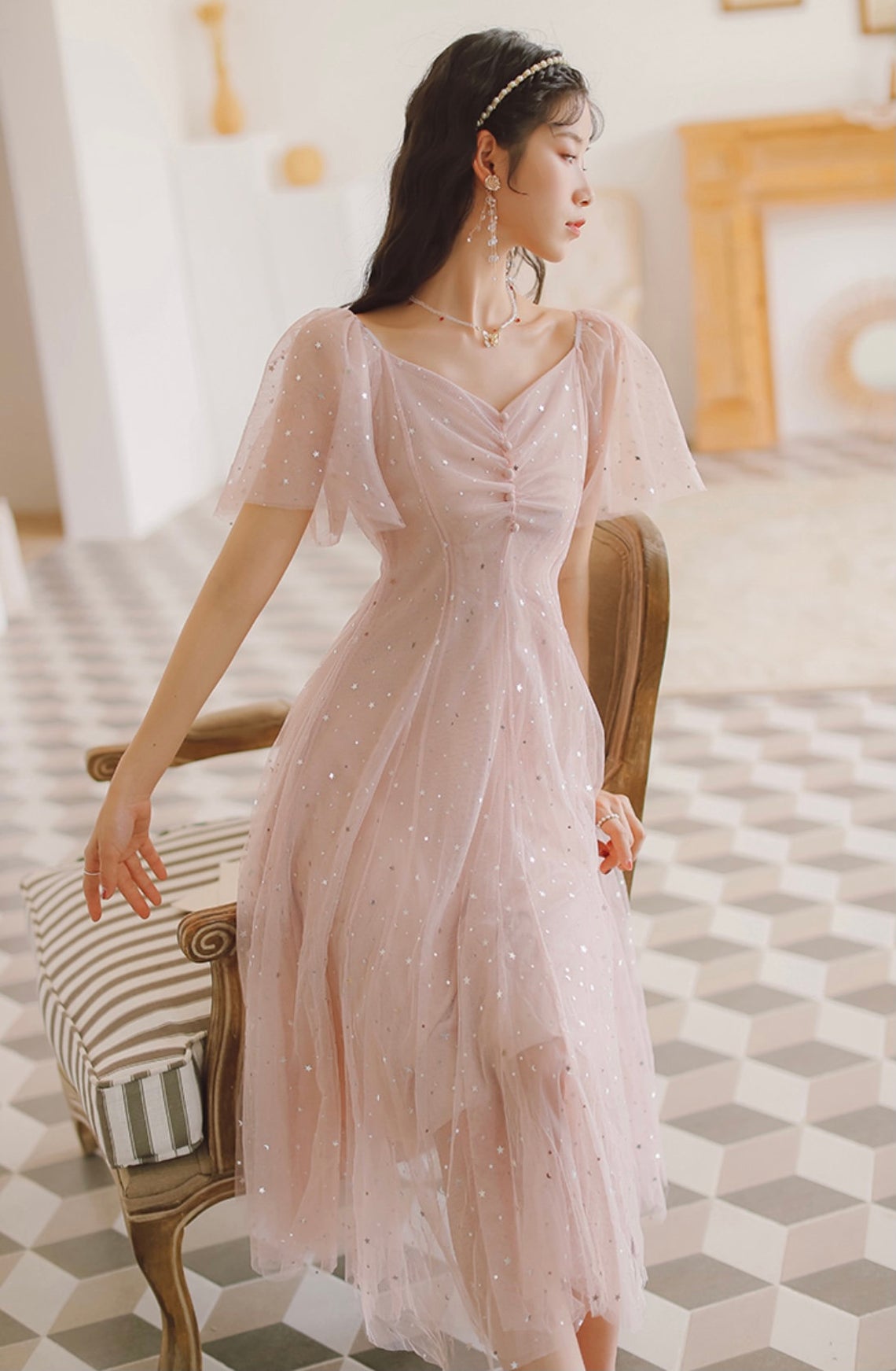Pink Tulle V-neckline Tea Length Party Dress, Pink Tulle Short Prom Dress