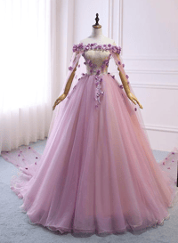Image 1 of Beautiful Pink Princess Tulle with Flowers Long Party Dress, Pink Tulle Prom Dress