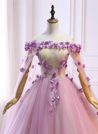 Image 2 of Beautiful Pink Princess Tulle with Flowers Long Party Dress, Pink Tulle Prom Dress