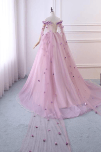 Image 4 of Beautiful Pink Princess Tulle with Flowers Long Party Dress, Pink Tulle Prom Dress