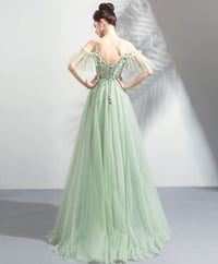 Image 4 of Green V-neckline with Lace Applique Off Shoulder, Green Bridesmaid Dress