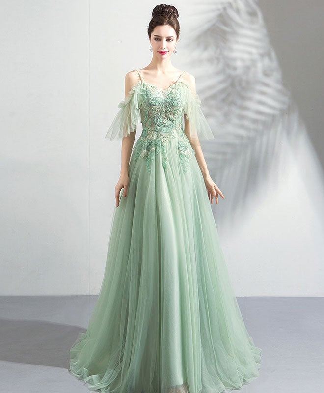 Green V-neckline with Lace Applique Off Shoulder, Green Bridesmaid Dress