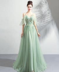 Image 3 of Green V-neckline with Lace Applique Off Shoulder, Green Bridesmaid Dress