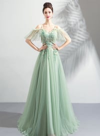Image 2 of Green V-neckline with Lace Applique Off Shoulder, Green Bridesmaid Dress