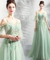 Green V-neckline with Lace Applique Off Shoulder, Green Bridesmaid Dress