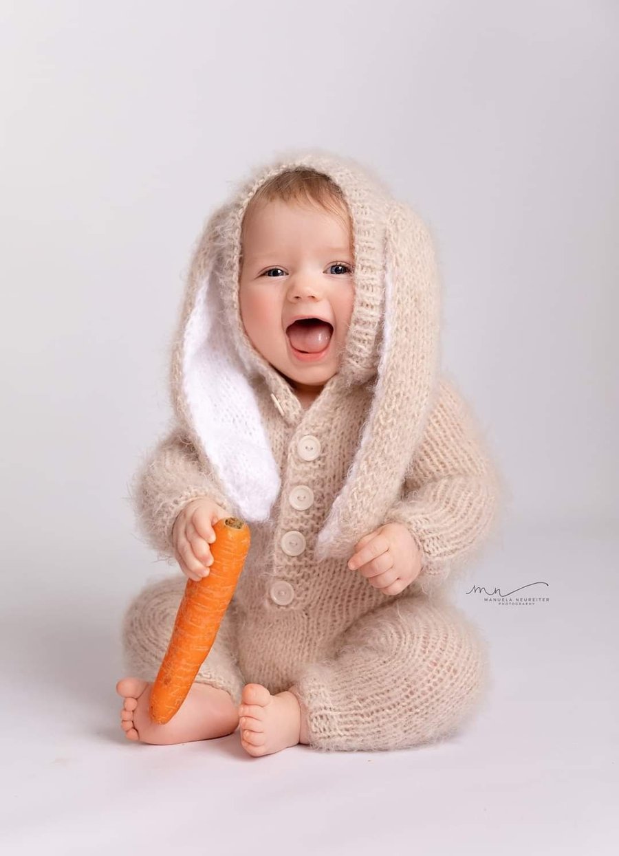 Image of Hooded bunny/lamb romper. Sitter/ toddler size