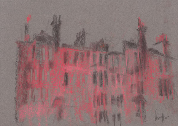 Image of Langside Tenements - charcoal and soft pastels on paper 