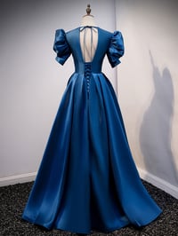 Image 4 of Dark Satin V-neckline Short Sleeves Party Dress, Blue A-line Evening Dress