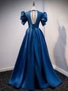 Dark Satin V-neckline Short Sleeves Party Dress, Blue A-line Evening Dress
