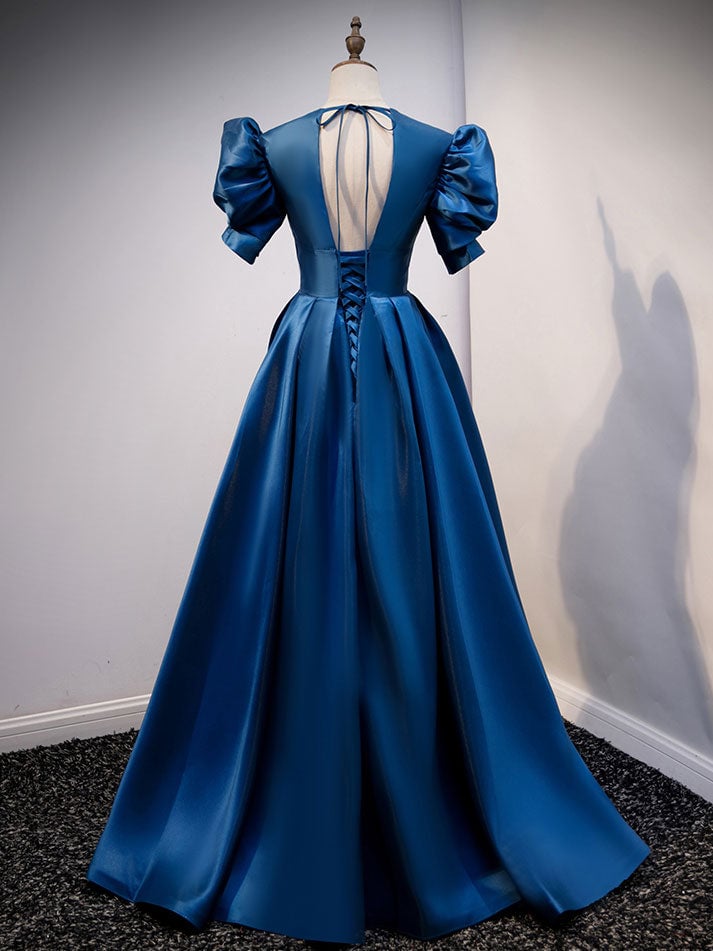 Dark Satin V-neckline Short Sleeves Party Dress, Blue A-line Evening Dress