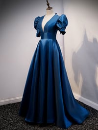 Image 2 of Dark Satin V-neckline Short Sleeves Party Dress, Blue A-line Evening Dress