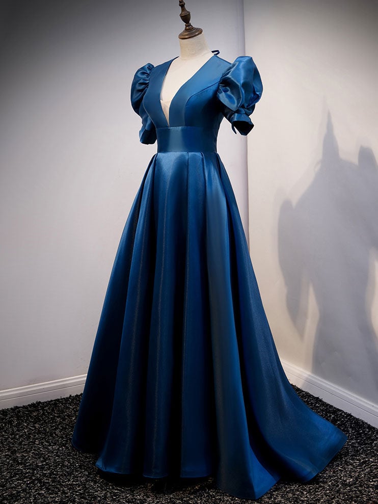 Dark Satin V-neckline Short Sleeves Party Dress, Blue A-line Evening Dress
